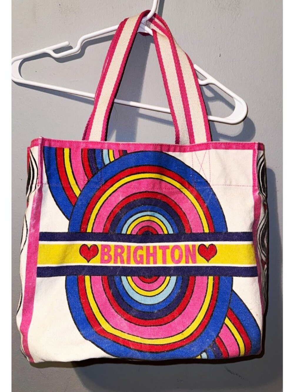 Brighton Multicolor Canvas Heart Love Tote Bag Zip Close Inner Pockets Pink